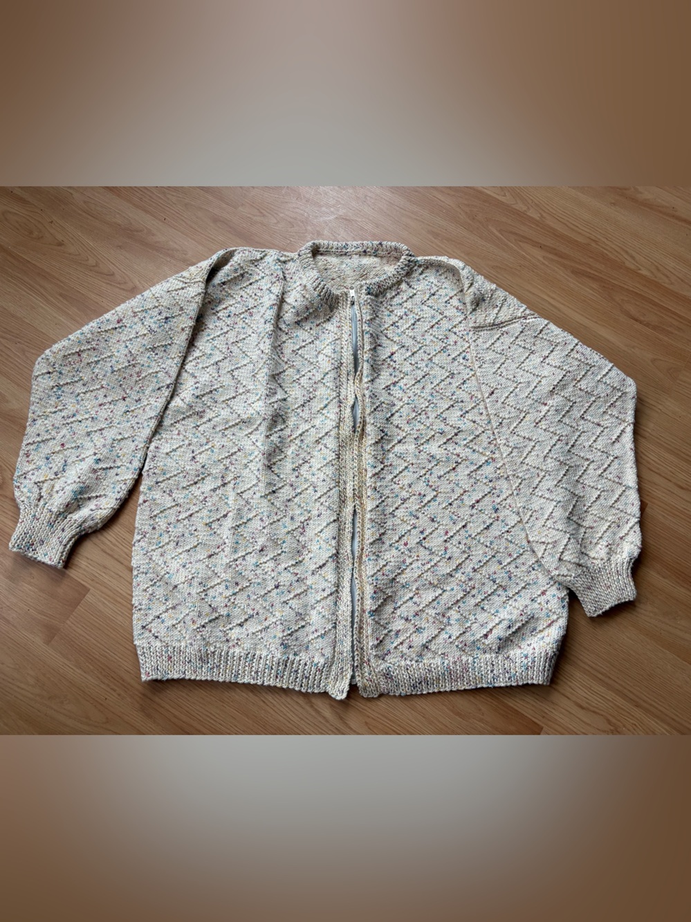 Handmade Cream Speckled zip up Knit Cardigan Sz xxl coastal grandma
